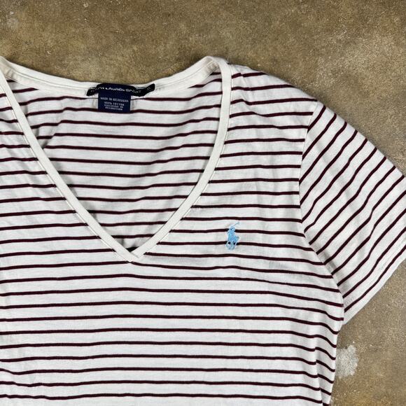 Ralph Lauren Sport Y2K Women’s XL Striped V-Neck T-Shirt Burgundy‎ White - Picture 2 of 11
